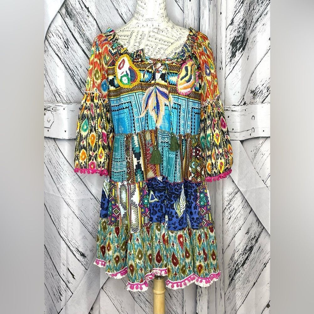 Colorful Embroidered Bell Sleeve Dress Tiered Size L